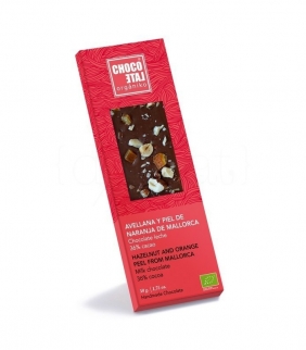 Chocolate con Leche 36% Cacao con Avellana y Piel de Naranja de Mallorca 50g. Chocolate Orgániko. 10un. Delicat Gourmet